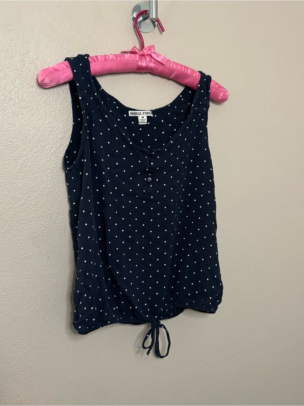 Moral Fiber Navy Polka Dot Rayon Tie Hem Henley Tank Top Medium